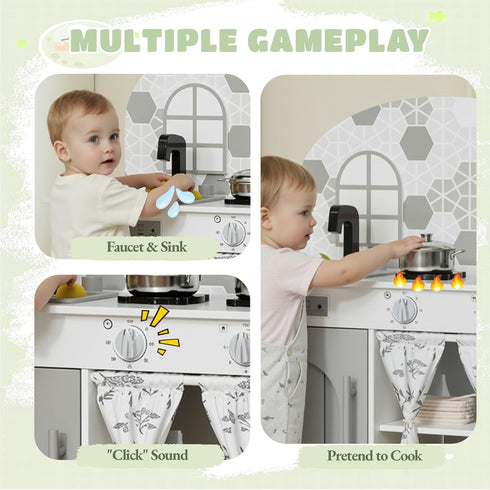 Set, Playset Arlopu Play Kitchen Kids Interactive Pretend Kitchen with Curtained Cabinet, Knobs, Faucet & Sink, Washing