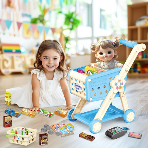 Cart,75PCS Playset 3 4 5 67 8+ RedCrab Kids Shopping Toy Shopping Cart with Food Shop Accessories, Adjustable Shopping