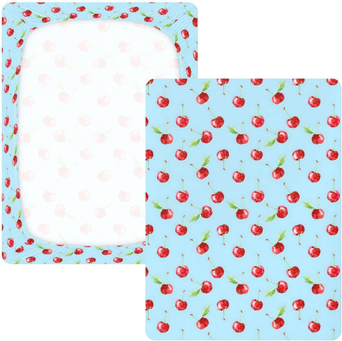 Cotton Crib Sheets for Boys or Girls Red Cherries Blue, Soft Jersey