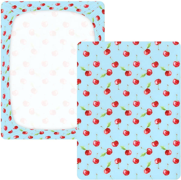 Cotton Crib Sheets for Boys or Girls Red Cherries Blue, Soft Jersey