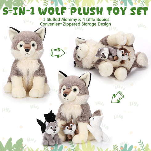 Honoson 5 Pcs Wolf Plush Set - 14 Inch Mommy Wolf Stuffed Animal with 4 Cute Baby Wolves, Soft Plushie Gift