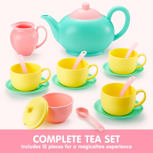JOYIN 18PCS Pretend Role Play Tea Party Set, BPA Free Plastic Tea Set, Mini Kitchen for Kids, Gifts
