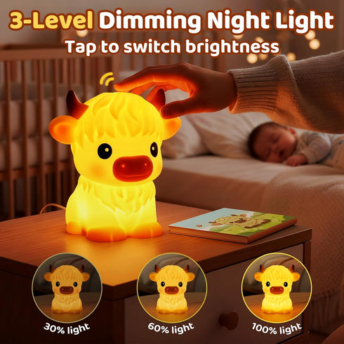 Dimmable 30 BPA-Free SiliconeHuggwaii Highland Cow Night Light for Kids, Squishy Night Light Touch Cow Lamp, Highland