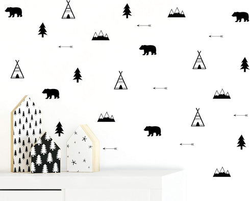 Woodland Wall Decal, Bears, Arrows, Teepees, Trees, and Mountains Decor, Matte Vinyl Stickers for Nursery