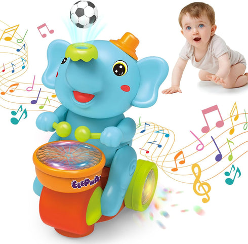 Baby Elephant Musical Crawling Toy with Lights, Sounds, Blowing Ball, Infant Sensory