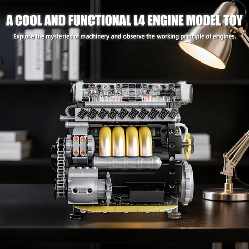 L4 Sets 4-Cylinder 14+ (853 Engine Building for Adults, MOC Inline Mini Car Motor Model Kit that Runs, DIY STEM Toy