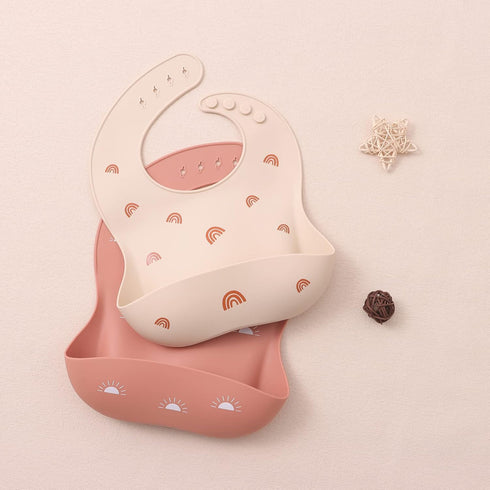 ROCCED 2 Sets Baby Silicone Bibs - Soft Adjustable Waterproof Bibs with Food Catcher for Toddlers (Soft Pink/Pale Mauve)