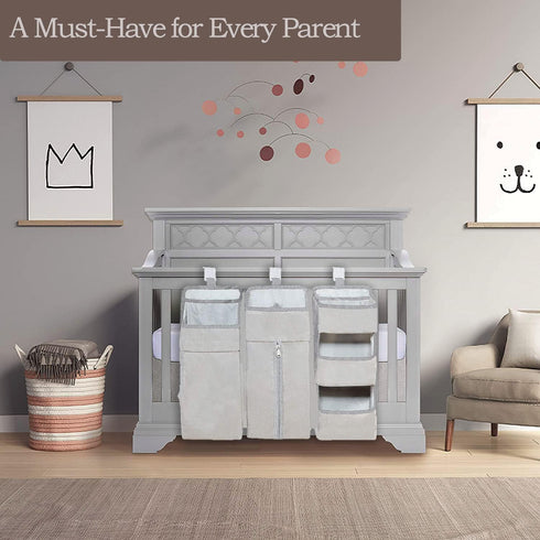 Hanging Diaper Caddy Organizer for Baby Crib - 3-in-1 Portable Diaper Stacker for Nursery Storage (Light Grey)