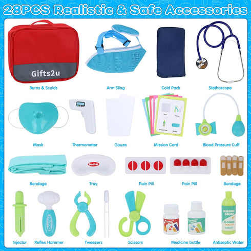 Gifts2U 28-Piece Set 3+ Kids First-Aid Kit Toy, Pretend Play Doctors Kit for Kids with Real Stethoscope and Storage