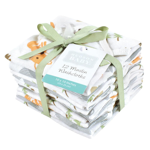 Hudson Baby Unisex Cotton Muslin Washcloths - Woodland Design, One Size