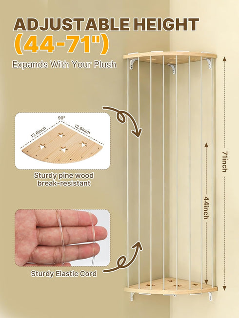 WIBOND Hammock, (44-71 Stuffed Animal Storage Adjustable Length in) Wood Corner Shelf with Star Pattern, Hanging Toy