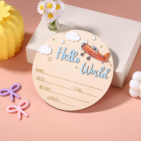 NQEUEPN 15cm/5.91 Inch Wood Newborn Announcement Sign, Wooden Hello World Newborn Arrival Plaques Welcome Birth Baby