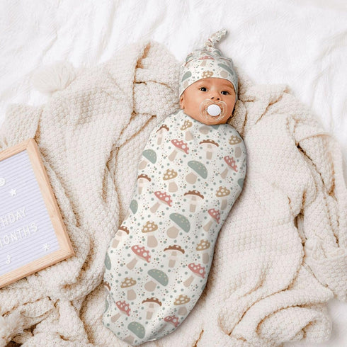 Broiteid Set,Baby Mushroom Cartoon Baby Stuff Newborn Swaddle Blanket with Beanie Hat and Headband Swaddle Blanket