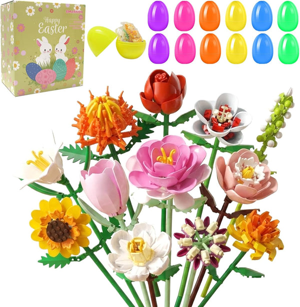 12 PCS Prefilled Easter Eggs with Flower Building Blocks Set, Easter Basket