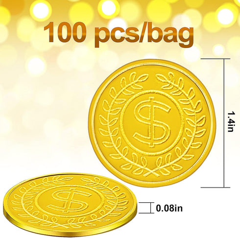 100 Count Plastic Gold Coins Set, Pirate Treasure Gold Play Coins for Kids Party Theme Props Decorations