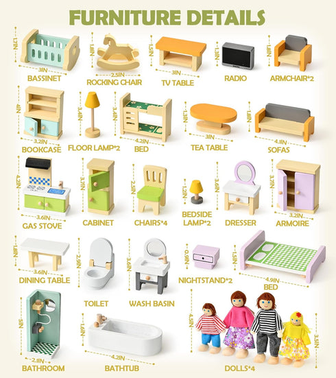 Set, 36PCS 5 4 3 4 5 6 Toyssa Wooden Dollhouse Furniture Miniature Doll House Accessories with Colorful Room & Flexible