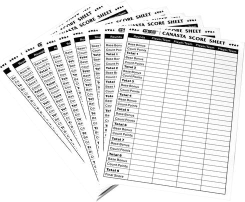 GSE 100-Pack 7" x 5" Canasta Score Pads with Game Instructions for Classic Canasta