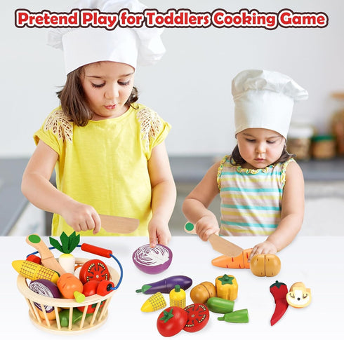Set Wooden Vegetable Toys for Children,Pretend Play Food for Kid, Magnetic Cutting Kitchen Toy with Picnic Basket,Baby