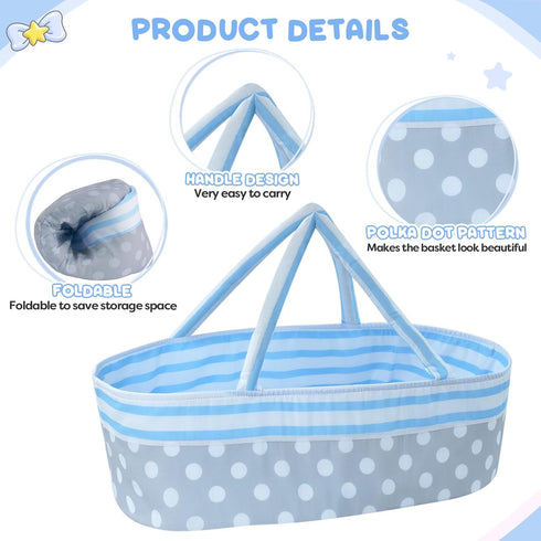 JIZHI 8 Pcs Reborn Baby Doll Accessories with Bassinet for 17-22 Inch Dolls, Realistic Clothes Set