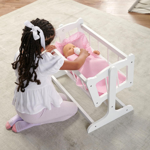 Badger Basket Heirloom Style Doll Bed with Gingham Bedding for 20 inch Dolls - White/Pink