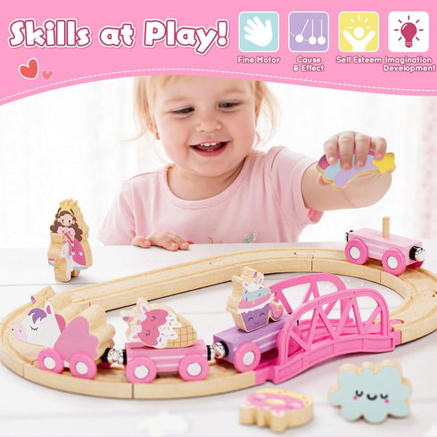 Set Set 2-4, 3 Lehoo Castle Wooden Train for Girls, Unicorn Train for Toddlers Wooden Train Track with Storage Bag