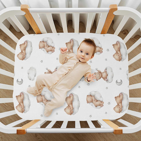 52 28 9In, Vvfelixl Crib Sheets for Boys & Girls, Teddy Bears Clouds Pattern, Neutral, Mini Crib Mattress Sheets