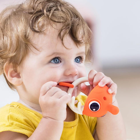 Mombella Clownfish Baby Teether Toys, Teething Toys for Babies 0 3 6 12 Months with Clip, Safe Soft Silicone Infant Teethers Toy 4-9 Months Old Soothing Sucking n Chew on Needs, Fun Gift for Newborn