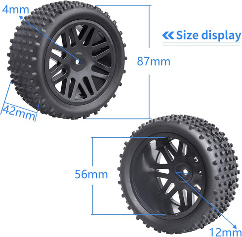 Hobbypark 1/10 Scale Off Road Buggy Tires & Wheel Rims Set (4-Pack) with 12mm Hex Hubs and Foam Inserts