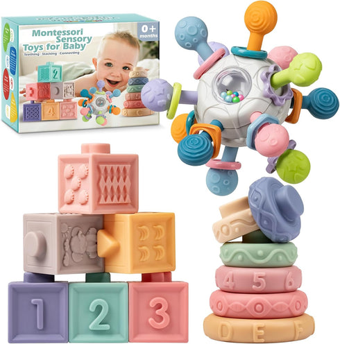 SpringFlower 3 in 1 Montessori Toys for Babies 0-3-6-12 Months, Rattle Teether, Baby Blocks, Soft Stacking Rings
