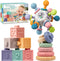 SpringFlower 3 in 1 Montessori Toys for Babies 0-3-6-12 Months, Rattle Teether, Baby Blocks, Soft Stacking Rings