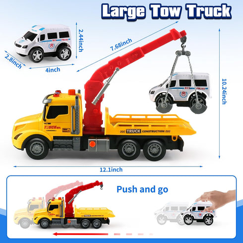DWIRCTOYS 3 4 5 6 7 Toddler Boy Toys,Tow Truck Toy for Year Old Boys,FrictionPowered Rescue Tow Truck with Lights