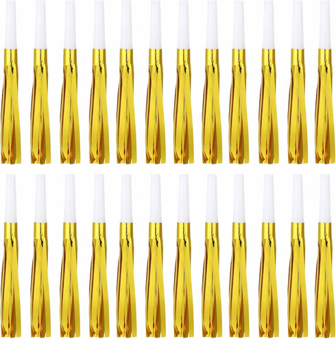 24 Pcs Gold Noise Makers, Glitter Metallic Fringed Horns for Baby Shower, Kids Birthday, Wedding Party Favors