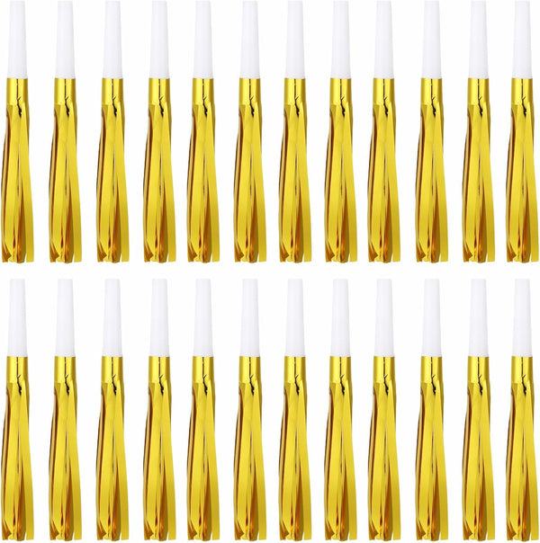 24 Pcs Gold Noise Makers, Glitter Metallic Fringed Horns for Baby Shower, Kids Birthday, Wedding Party Favors