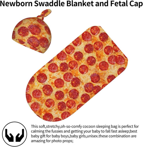 Burrito Pizza Baby Stuff Newborn Swaddle Blanket with Beanie Set, Soft and Stretchy Baby Blanket Swaddle Sack for Boy