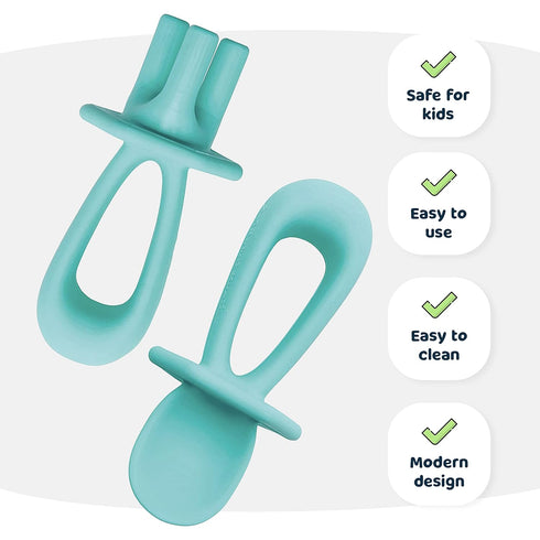 Tiny Twinkle Silicone Training Utensils - Baby Spoons and Forks for Self-Feeding Training, Mint