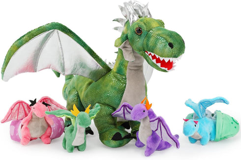 7Pcs Dragon Plush Toy Set, Dinosaur Stuffed Animals with 4 Baby Dragons & 2 Eggs, Birthday Gift for Kids