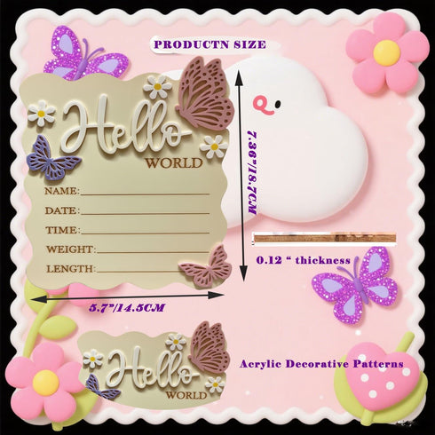 Wooden Birth Announcement Sign - Butterfly Daisy Hello World Newborn Baby Name Birth Stats Board, Floral Nursery Decor