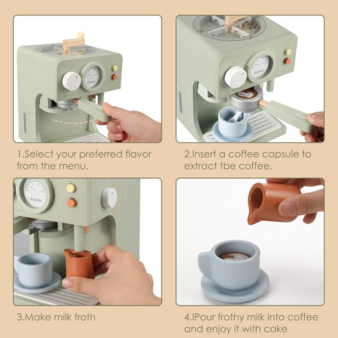 Kids Wooden Coffee Maker Toy with Grinder, Pretend Play Kitchen Appliances Gift for Toddlers