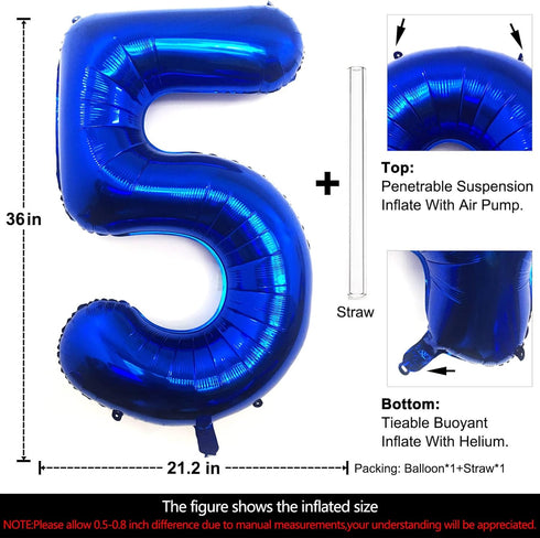 Lovoir 40 Inch Navy Blue Number 5 Balloon, Jumbo Digit Mylar Foil Helium Dark Blue for Birthday Party Celebration