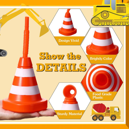 8 Pack 10 oz Set Sawysine Construction Cone Cups with Straws Bulk, Traffic Cones Party Favor Plastic Reusable Kids Race