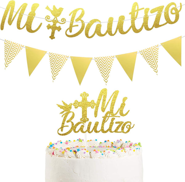 Gold Glitter Mi Bautizo Banner, Mi Bautizo Cake Topper Decorations, First Holy Communion Decorations for Baby Shower