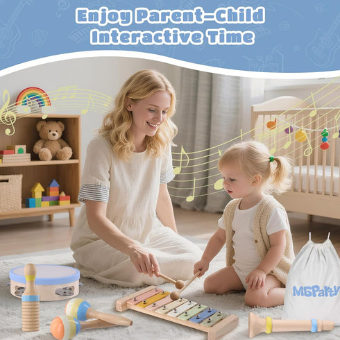 MGparty 13, Baby Musical Instruments, Montessori Wooden Musical Toys for Toddlers Xylophone Tambourine Triangle