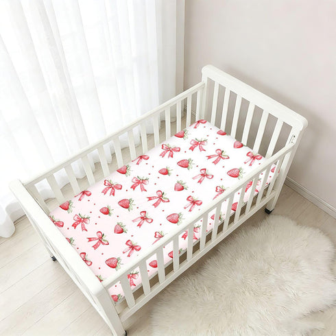 Soft Jersey Knit Crib Sheets for Boys or Girls - Strawberries and Bows Pattern, Size M