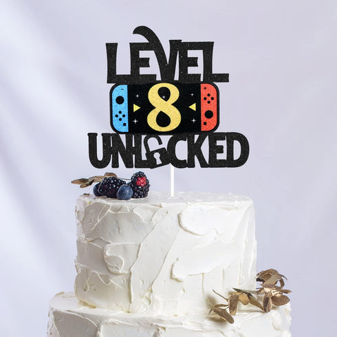 Level 8 Unlocked Game Birthday Cake Topper - Video Game Boy's 8th Birthday Party Supplies - Game On Decoration