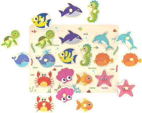 18 11 Wooden Peg Puzzle, Sea Creature Chunky Baby Puzzles, Colorful Wood Shape Puzzle Peg Board, Animal Knob Puzzles