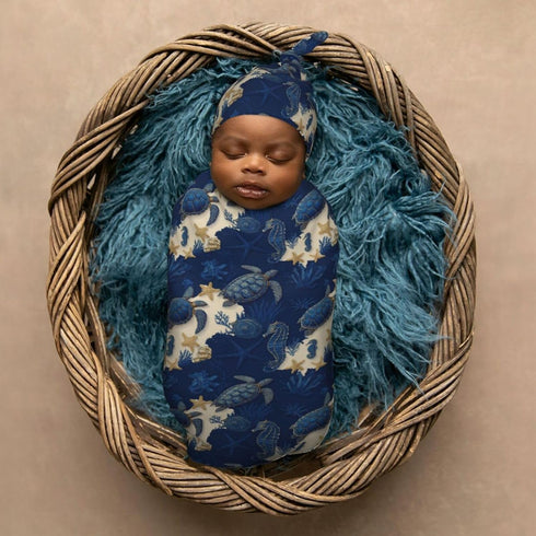 Sets Turtle Starfish Seahorse Newborn Swaddle Blankets Hat Soft Baby Receiving Blanket Swaddle Sack for Baby Shower