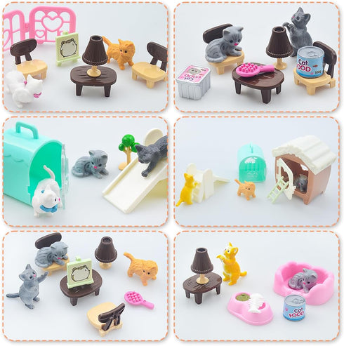 Pet Pretend Play Toys - 48Pcs Cat Figures for Kids, Realistic Cat Care Center with Accessories Toy Sets
