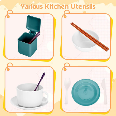 56Pcs Playset 2 Sets, Mini Play Kitchen Accessories for Kids, Pretend Cooking with Cookware, Tableware & Fruit Learning