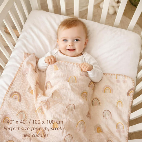 40x40 Inch-Rainbow Baby Blanket with Dotted Double Layers Muslin Soft Swaddle Blanket Cotton Neutral Receiving Blankets