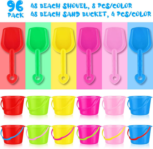 Lenwen 48 Set Beach Sand Buckets and Shovels - Bulk Pails and Shovel Set, Beach Play Tools for Kids Birthday Party